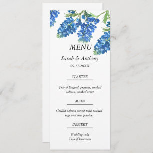 Bluebonnets Blauw Bloemen Waterverf Trouwvoedsel Menu