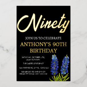 Bluebonnets Bloemen 90e Verjaardag Zwart Goud Texa Folie Uitnodiging