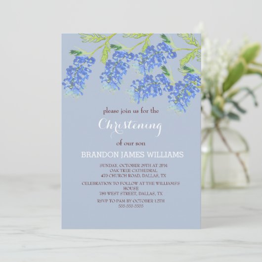 Bluebonnets Bloemen Goud Stoffig Blauw Kruis Doop Kaart (Staand voorkant)