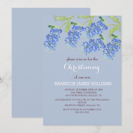 Bluebonnets Bloemen Goud Stoffig Blauw Kruis Doop Kaart (Voorkant / Achterkant)