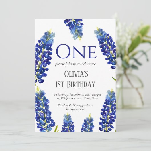 Bluebonnets Eerste Verjaardag Blauwe Bloemen Verja Kaart (Staand voorkant)