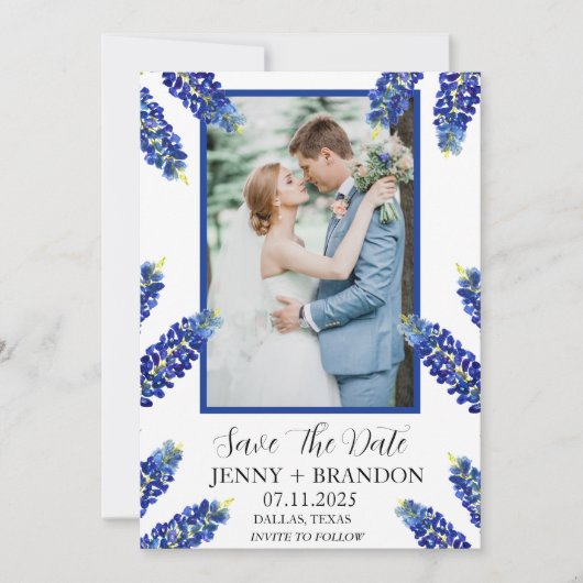 Bluebonnets Elegant Modern Blauw Bloemen Foto Save The Date (Voorkant)