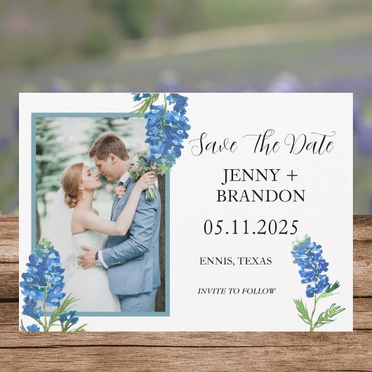 Bluebonnets Elegant Modern Blauw Bloemen Foto Save The Date