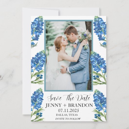 Bluebonnets Elegant Modern Blauw Bloemen Foto Save The Date (Voorkant)
