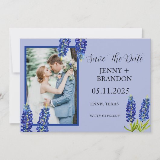 Bluebonnets Elegant Modern Blauw Bloemen Foto Save The Date (Voorkant)