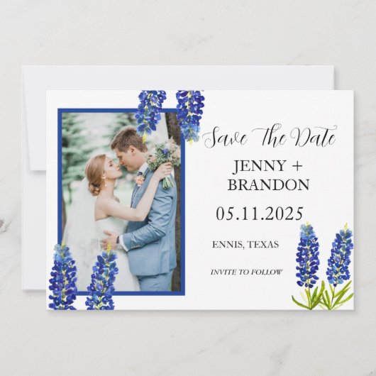 Bluebonnets Elegante Moderne Blauwe Bloemen Foto Save The Date (Voorkant)