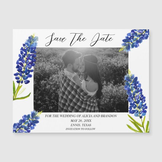 Bluebonnets Foto Bruiloft Lente Script Magneet (Voorkant)