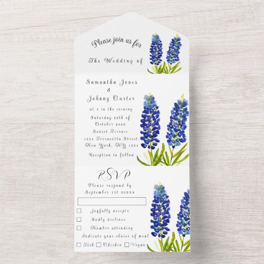 Bluebonnets Lupine Blue Waterverf Texaanse bruilof All In One Uitnodiging (Binnen)