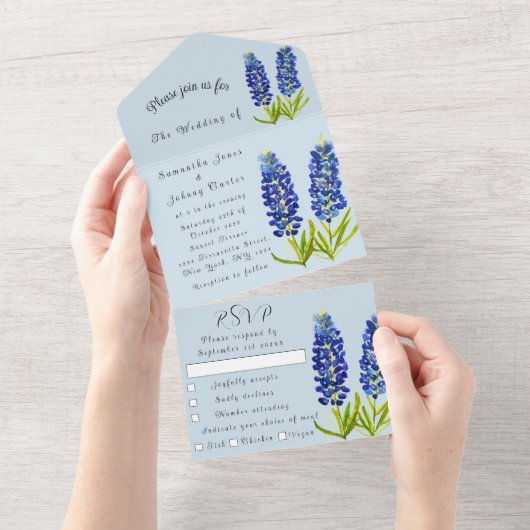 Bluebonnets Lupine Waterverf Texas Wedding All In One Uitnodiging (Afscheurbaar)