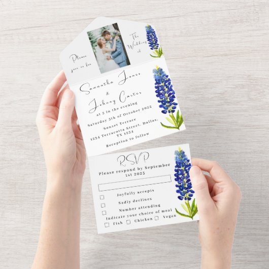 Bluebonnets Texas Blauw Bloemen Foto Bruiloft All In One Uitnodiging (Afscheurbaar)