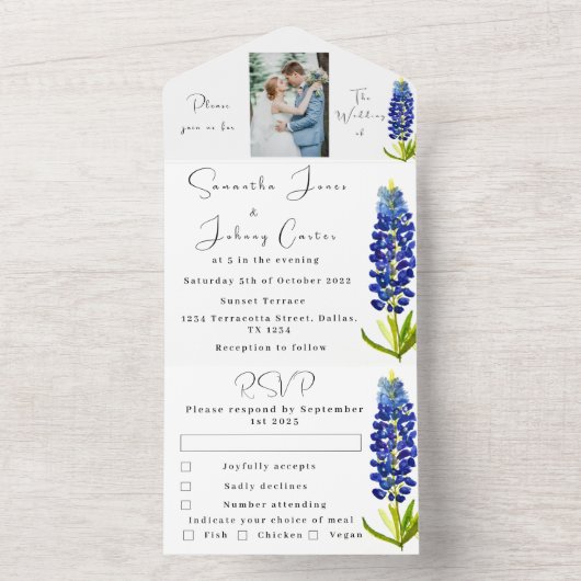 Bluebonnets Texas Blauw Bloemen Foto Bruiloft All In One Uitnodiging (Binnen)