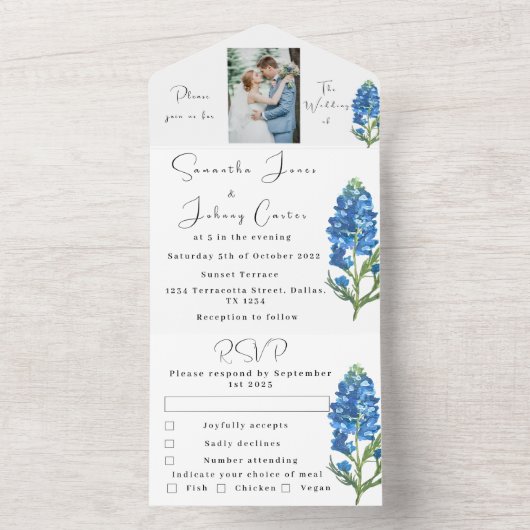 Bluebonnets Texas Blauw Bloemen Foto Bruiloft All In One Uitnodiging (Binnen)