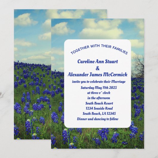 Bluebonnets Texas Blue Floral Elegant Wedding Kaart (Voorkant / Achterkant)