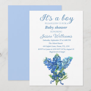 Bluebonnets Texas Floral Blue Bow Baby Boy Shower Kaart