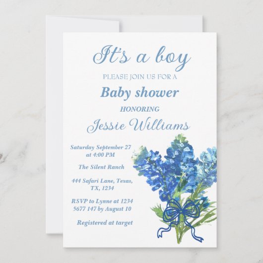 Bluebonnets Texas Floral Rustic Baby boy douche Kaart (Voorkant)