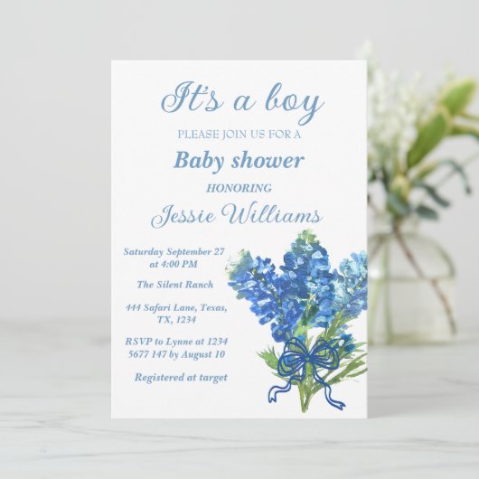 Bluebonnets Texas Floral Rustic Baby boy douche Kaart (Staand voorkant)