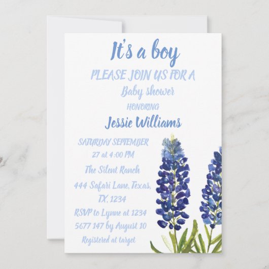 Bluebonnets Texas Floral Rustic Baby boy douche Kaart (Voorkant)