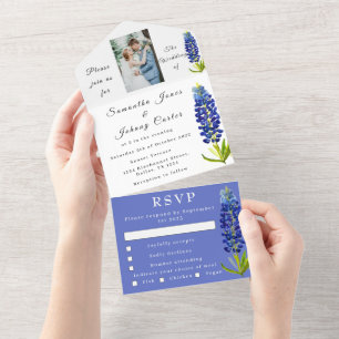Bluebonnets Texas Navy Blue Bloemen Foto Bruiloft All In One Uitnodiging