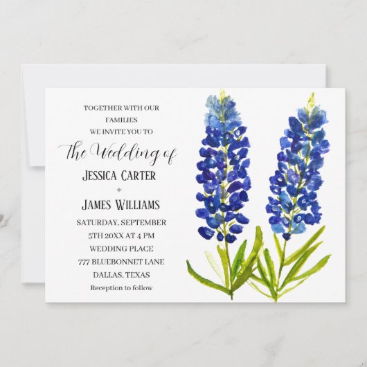 Bluebonnets Texas Waterverf Blauw Bloemen Bruiloft Kaart (Voorkant)