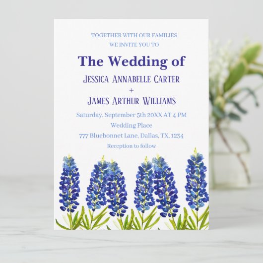 Bluebonnets Texas Waterverf Floral Wedding Kaart (Staand voorkant)