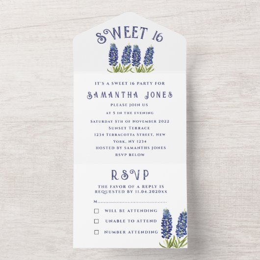 Bluebonnets Texas Wildflower Sweet 16 Zestien All In One Uitnodiging (Binnen)