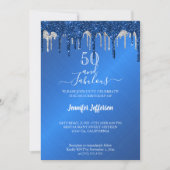 BlueGlitter Silver dripping Birthday Uitnodiging (Voorkant)