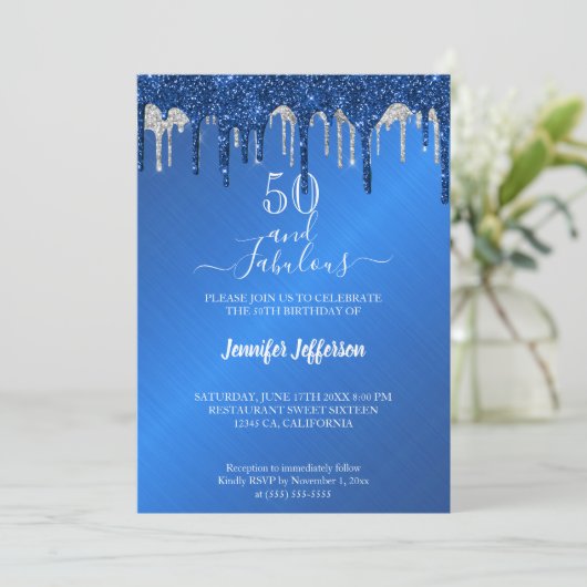BlueGlitter Silver dripping Birthday Uitnodiging (Staand voorkant)