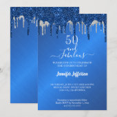 BlueGlitter Silver dripping Birthday Uitnodiging (Voorkant / Achterkant)