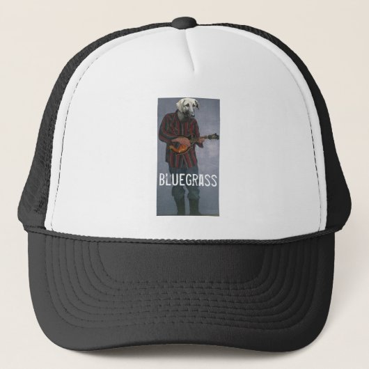 "Bluegrass" — Dog met Mandolin — Trucker Hat Pet (Voorkant)