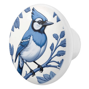 BlueJay Bird Delfts Blauw & Wit Aziatisch Bloemen Keramische Knop
