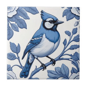 BlueJay Bird Delfts Blauw & Wit Aziatisch Bloemen  Tegeltje