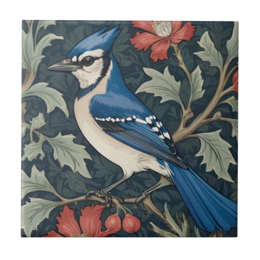 Bluejay Bird William Morris stijl Left Blue Jay Tegeltje (Voorkant)