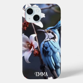 Bluejay en Bloemen Aangepaste naam iPhone 15 Case