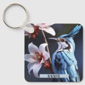 Bluejay en Bloemen Aangepaste naam Sleutelhanger (Voorkant)