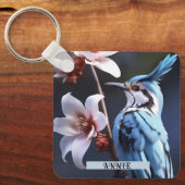 Bluejay en Bloemen Aangepaste naam Sleutelhanger (Voorkant)