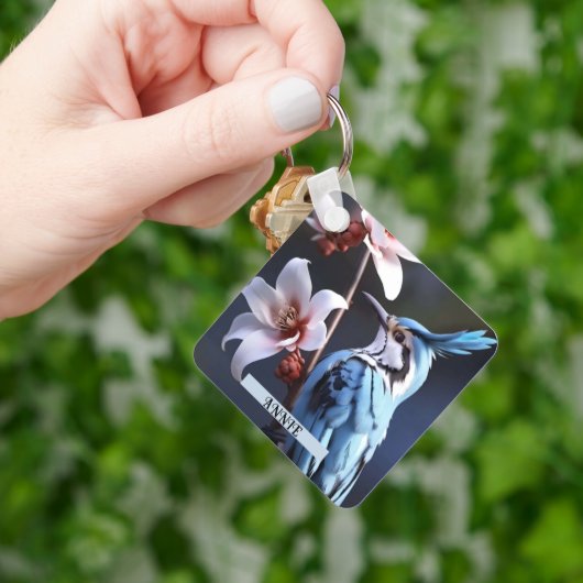 Bluejay en Bloemen Aangepaste naam Sleutelhanger (Hand)