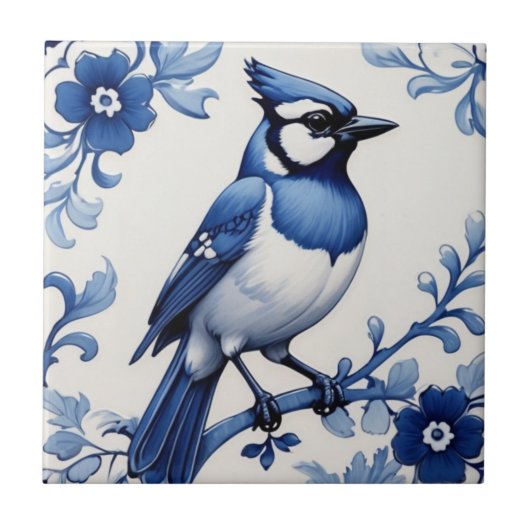 BlueJay Jay Bird Delfts Blauw en Wit Aziatische Bl Tegeltje (Voorkant)