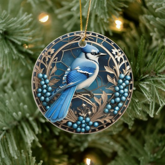 Bluejay met bosbessen Gepersonaliseerd Ornament (Boom)