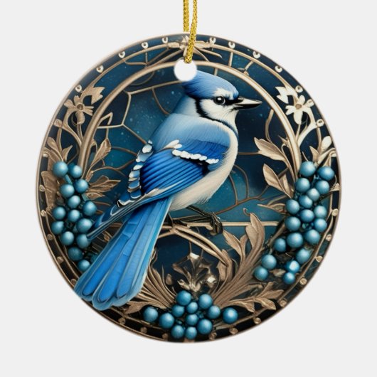 Bluejay met bosbessen Gepersonaliseerd Ornament (Voorkant)
