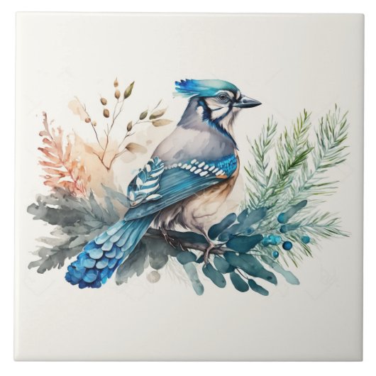 Bluejay op een tak Waterverf Tegeltje (Voorkant)