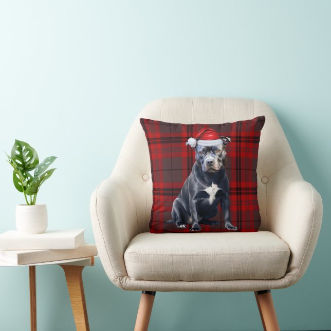 Bluenose Pitbull Dog Red Plaid Kerstvakantie Kussen (Stoel)