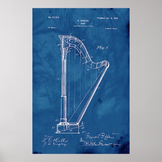 Blueprint Harp Patent Poster (Voorkant)