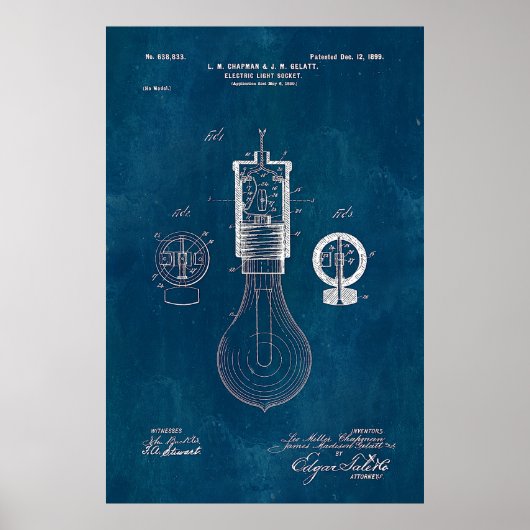 Blueprint Light Bulb Patent Poster (Voorkant)