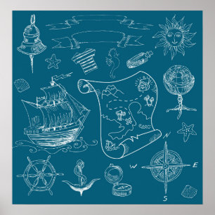 Blueprint Nautical Graphic Pattern Poster