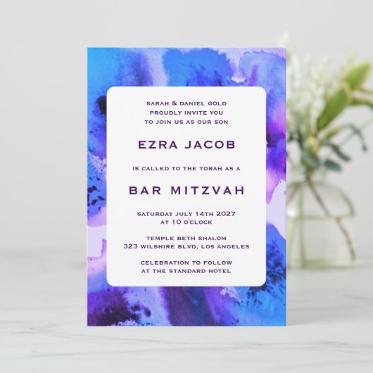 BluePurpl Waterverf Custom QRCode Bar/Bat Mitswa Kaart (Staand voorkant)