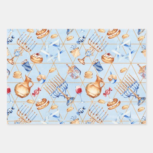 Blues Chanoeka Waterverf Pattern Menorah Inpakpapier Vel (Voorkant 2)