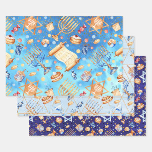 Blues Chanoeka Waterverf Pattern Menorah Inpakpapier Vel