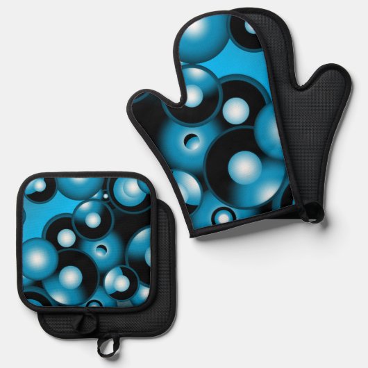 Blues Concentrische cirkel orbitaal Abstracte kuns Ovenwant & Pannenlap Set (Voorkant / Achterkant)