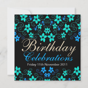 Blues Floral Birthday Uitnodiging