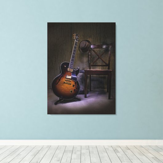 Blues gitaar en stoel canvas afdruk (Insitu (Houten vloer))